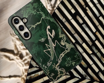Praying Mantis Tough Phone Case Dark Green Kamakiri Japanese ink Insect iPhone 17 16 15 Pro Max Samsung Galaxy S26 S24 S25 Google Pixel 8 9