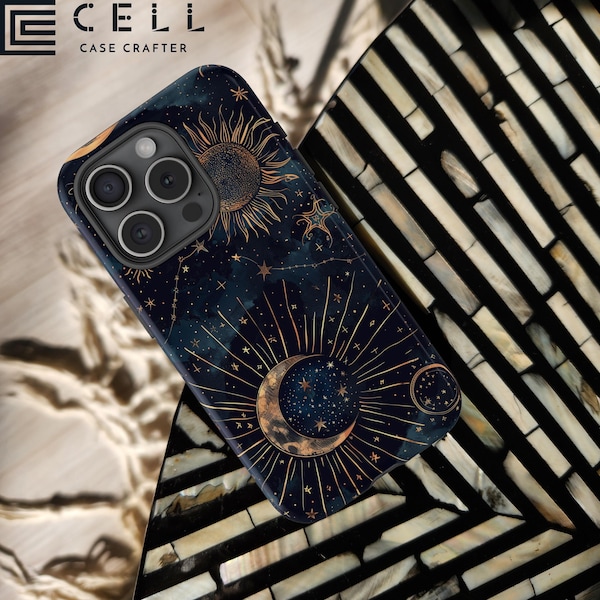 Celestial Sun, Moon, and Star Cluster MagSafe Tough Phone Case Cosmic Starry Chic Case Compatible With iPhone 14 15 16 17 Pro Max Plus Mini