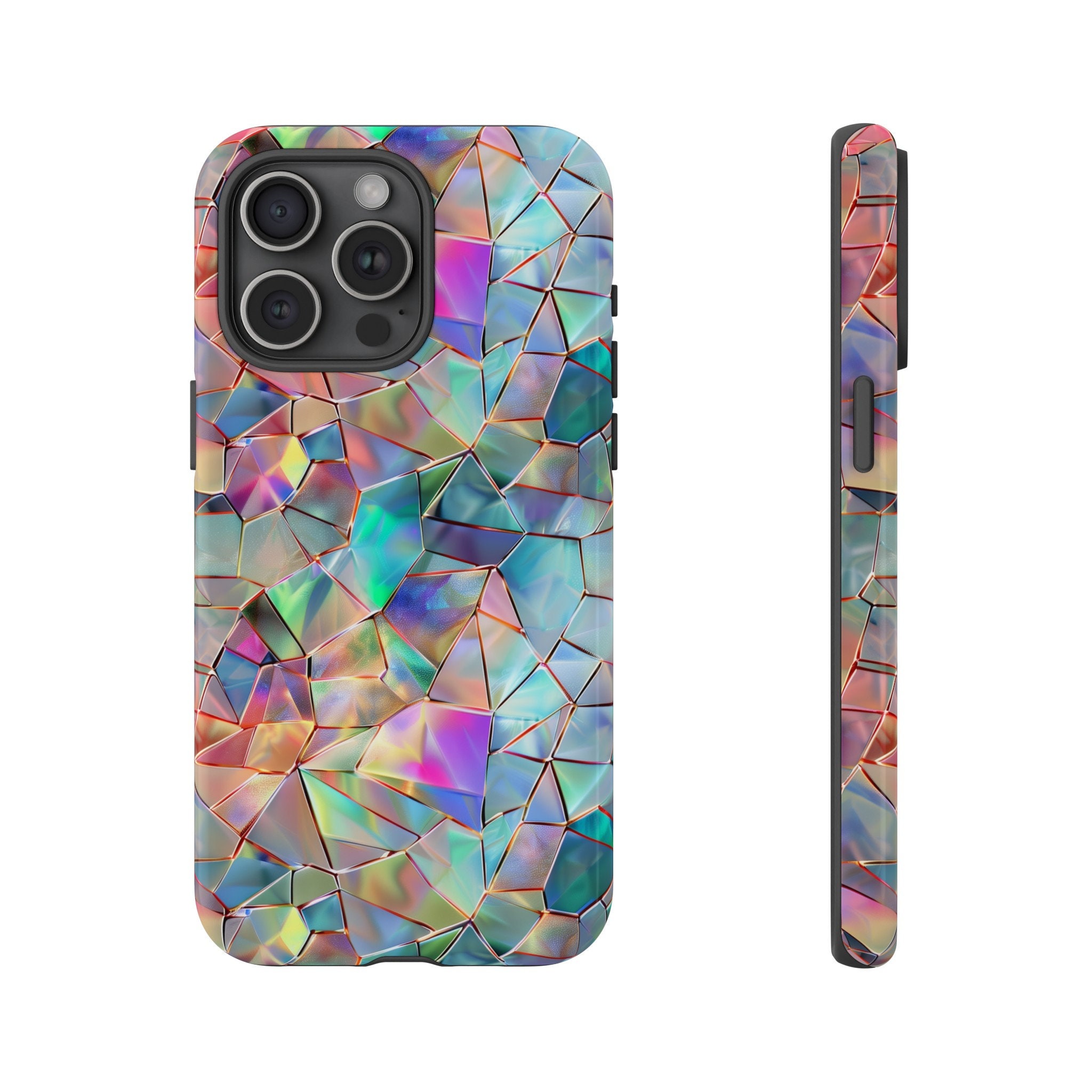 Iridescent Glass Tough Phone Case Shimmering Triangular Mosaic Pattern Art iPhone 15 14 Pro Max Samsung Galaxy S24 S23 Ultra Google Pixel 8