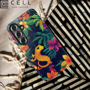 Tropical Gecko iPhone Case | Tough Cover | Jungle Floral Collage in Neon Lime & Orchid | Gecko Lover Gift | iPhone Samsung Pixel