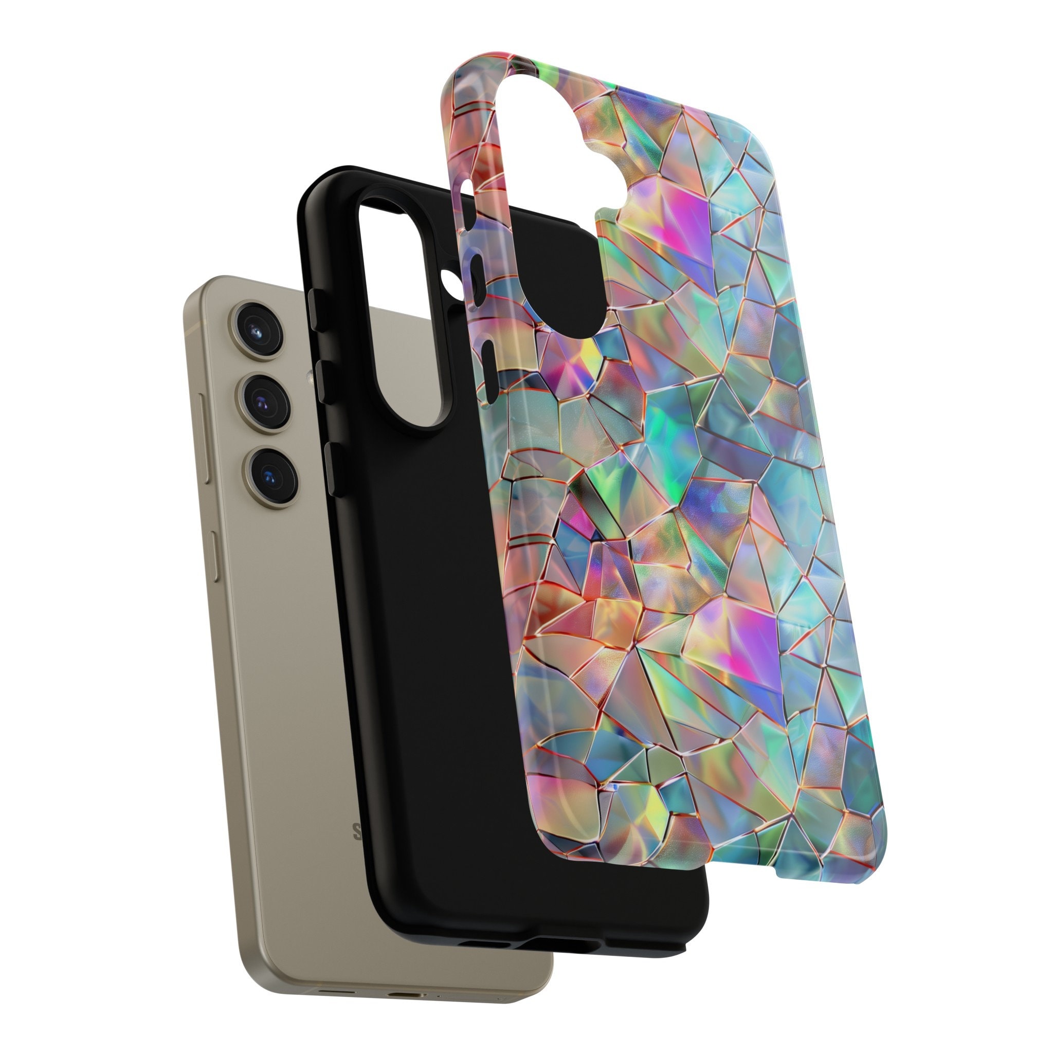 Iridescent Glass Tough Phone Case Shimmering Triangular Mosaic Pattern Art iPhone 15 14 Pro Max Samsung Galaxy S24 S23 Ultra Google Pixel 8