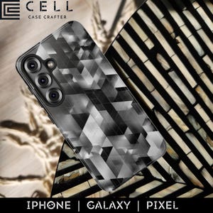 May include: A smartphone case with a geometric black and white design. The case has a clear, glossy finish and is shown with the text "IPHONE | GALAXY | PIXEL". The case is branded with the text "CELL CASE CRAFTER".