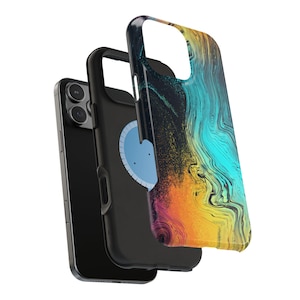 May include: A black smartphone with a protective case featuring a colorful abstract design. The case has a swirling pattern of blue, yellow, orange, and black. The phone is partially disassembled, showing the case components.