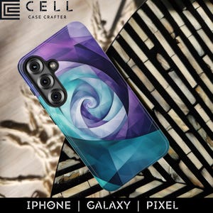 May include: A smartphone case with a geometric design in shades of purple, teal, and white. The case features a swirling pattern and the text "IPHONE | GALAXY | PIXEL". The brand name "CELL CASE CRAFTER" is visible at the top.