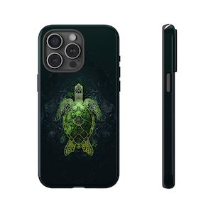 May include: A black phone case with a green and yellow sea turtle design. The turtle is surrounded by green leaves and flowers.