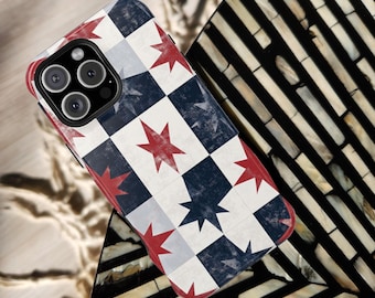 Checkered Star Phone Case | Patriotic Tough Cover with Vintage Red & Navy Grid | Retro Americana for iPhone 17 16 Galaxy S26 Pixel 9