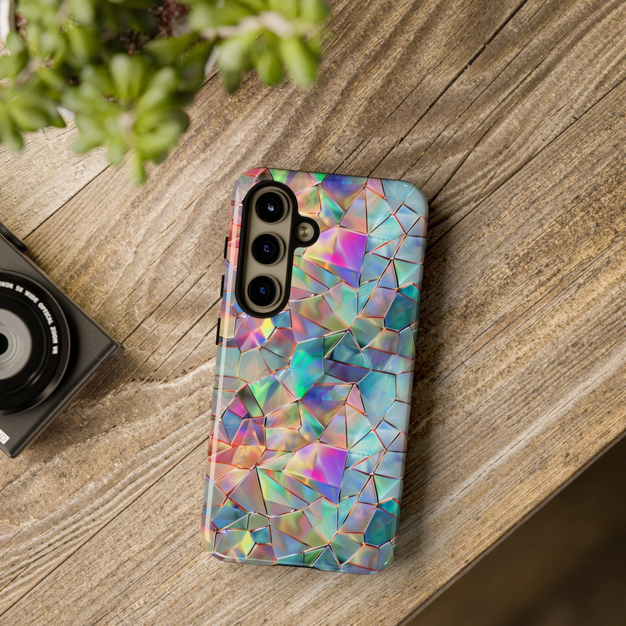 Iridescent Glass Tough Phone Case Shimmering Triangular Mosaic Pattern Art iPhone 15 14 Pro Max Samsung Galaxy S24 S23 Ultra Google Pixel 8