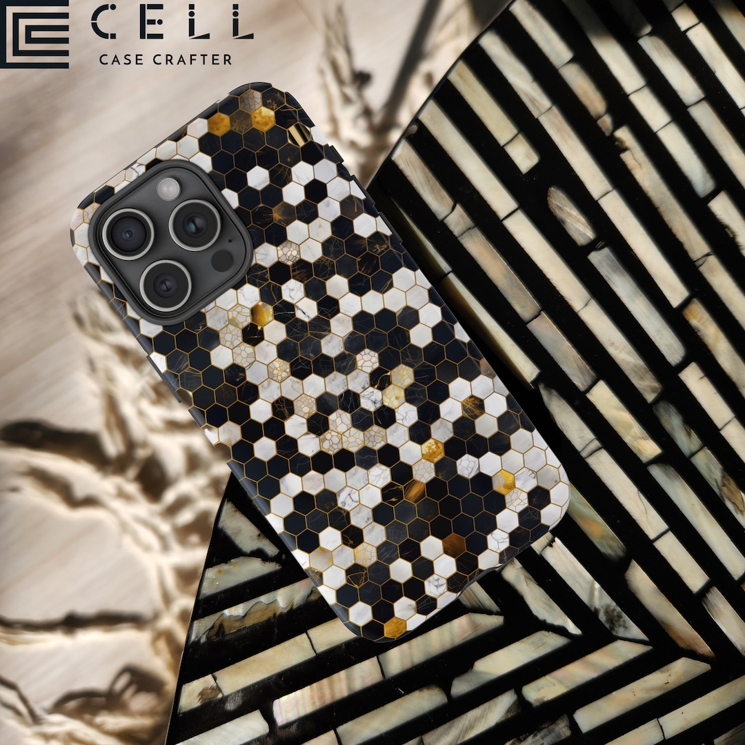 Enchanting Micro Hexagon Pattern Tough Phone Case Black White Gold ...