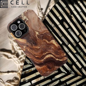 Brown Gold Marble MagSafe Phone Case | Luxurious Tough iPhone Cover | Glossy or Matte Finish | Earthy Stone Texture |Trendy Elegant Design