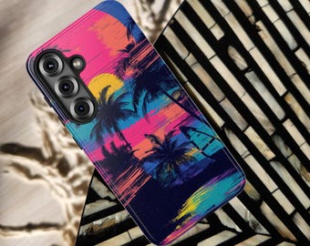 Retro Sunset Palm Tree Tough Phone Case | Glossy or Matte Finish | 90s California Neon Beach Design for iPhone Samsung Pixel