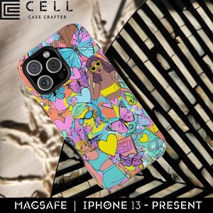 Y2K Butterfly Babes iPhone Case | MagSafe Tough Cover | Neon Pop Girls with Retro Hearts & Boom Boxes | Vaporwave Cartoon Style for iPhone