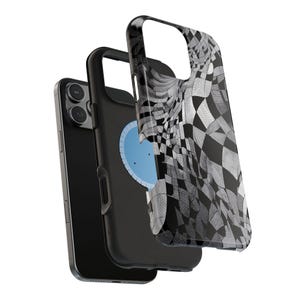 May include: A black smartphone with a black case and a separate case with a black and white checkered design. The phone case has a blue circle on the back.