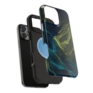 May include: Black smartphone with a protective case featuring a blue, green, and yellow topographic design. The case is layered over a black case and the phone itself.