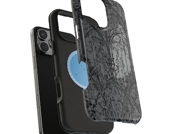 Könnte beinhalten: Schwarze Handyhülle mit gotischem Bogenmuster. Die Hülle ist geschichtet und zeigt das Telefon und die Schutzschichten. Das Design ist ein dunkelgraues Muster auf transparentem Hintergrund. Ein hellblaues herzförmiges Objekt ist sichtbar.
