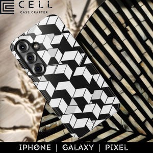 May include: A black and white geometric pattern phone case with the text "E CELL CASE CRAFTER". The case features a repeating cube design. The bottom of the image displays the text "IPHONE | GALAXY | PIXEL".