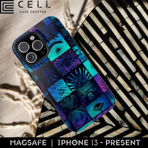 May include: A blue and purple iPhone case with a geometric design. The case features a series of squares with abstract images. The phone case is labeled "MAGSAFE | IPHONE 13 - PRESENT" and has the "CELL CASE CRAFTER" logo.
