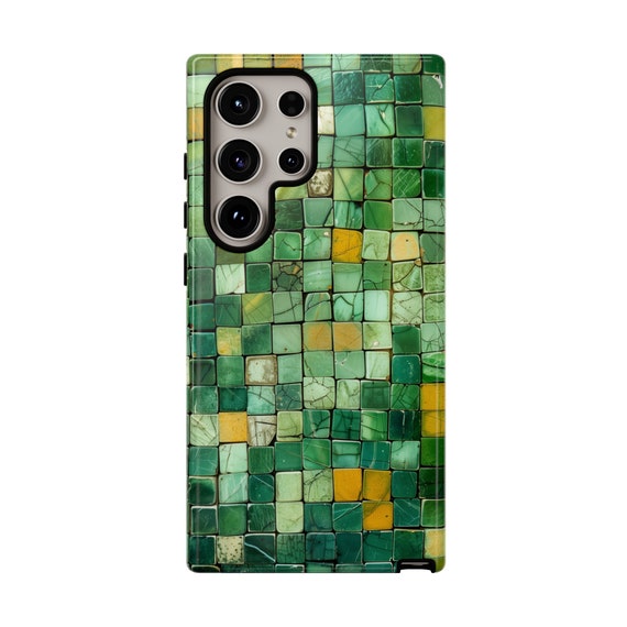 Green Mosaic Tile Tough Phone Case Glass Tile Grid Stone Art