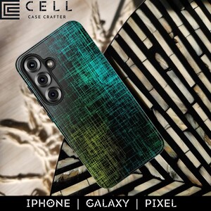 May include: A smartphone case with a gradient design, transitioning from teal to green, overlaid with a network of fine lines. The case is shown with a phone featuring multiple camera lenses. The brand name "CELL CASE CRAFTER" is visible.