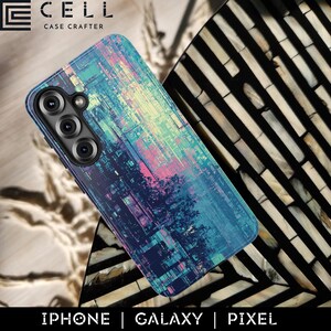 May include: A smartphone case with a colorful abstract design in shades of blue, pink, and yellow. The case has a camera cutout and the brand name "CELL CASE CRAFTER" is visible. The bottom of the image displays the words "IPHONE | GALAXY | PIXEL".