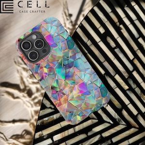 May include: A colourful phone case with a geometric pattern of iridescent, mosaic-like tiles. The case is designed for a phone with a triple camera lens.