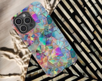 Faux Iridescent Triangular Glass Pattern Tough Phone Case Shimmering iPhone 17 16 15 14 Pro Max Samsung Galaxy S24 S25 Ultra Google Pixel
