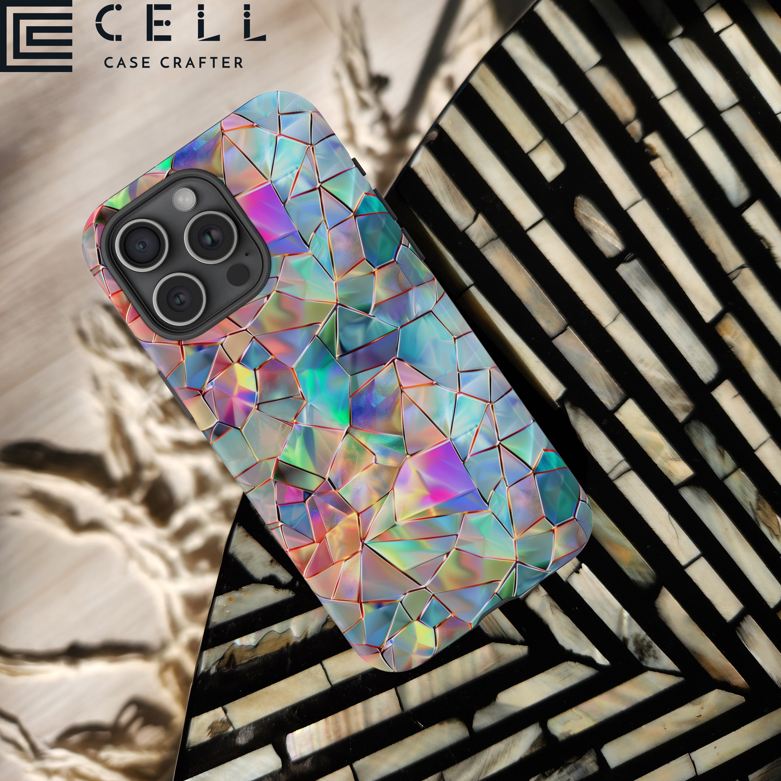 Iridescent Glass Tough Phone Case Shimmering Triangular Mosaic Pattern Art iPhone 15 14 Pro Max Samsung Galaxy S24 S23 Ultra Google Pixel 8