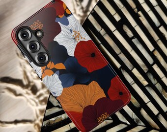Bold Autumn Floral iPhone Case | Maroon & Burnt Orange Tough Cover | Fall Flowers for iPhone 17 16 Galaxy S26 Pixel 9