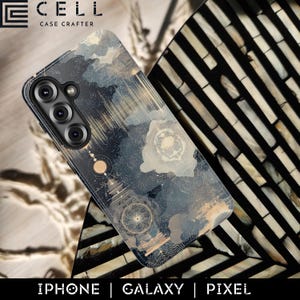 May include: A smartphone case with a dark blue and gold abstract design. The case features a pattern of clouds and geometric shapes. The brand name "CELL CASE CRAFTER" is at the top. The bottom of the case has the words "IPHONE | GALAXY | PIXEL".