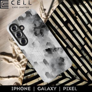 May include: A white and gray geometric patterned phone case with a camera array. The case is branded with the text "E CELL CASE CRAFTER". The bottom of the image displays the words "IPHONE | GALAXY | PIXEL".