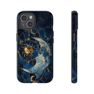 May include: A blue and gold phone case featuring a crescent moon and sun design. The design is surrounded by a gold geometric pattern.