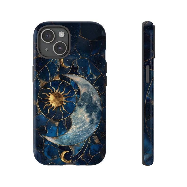 May include: A blue and gold phone case featuring a crescent moon and sun design. The design is surrounded by a gold geometric pattern.