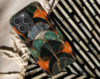 Symmetrical Art Deco Arch Marble MagSafe Tough Phone Case Brass Green and Orange Gift Compatible With iPhone 13 14 15 16 Pro Max Plus Mini
