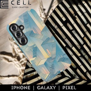 May include: A phone case with a geometric design in shades of blue, yellow, and pink. The case has a camera cutout and the text "CELL CASE CRAFTER" at the top. The bottom of the image reads "IPHONE | GALAXY | PIXEL".