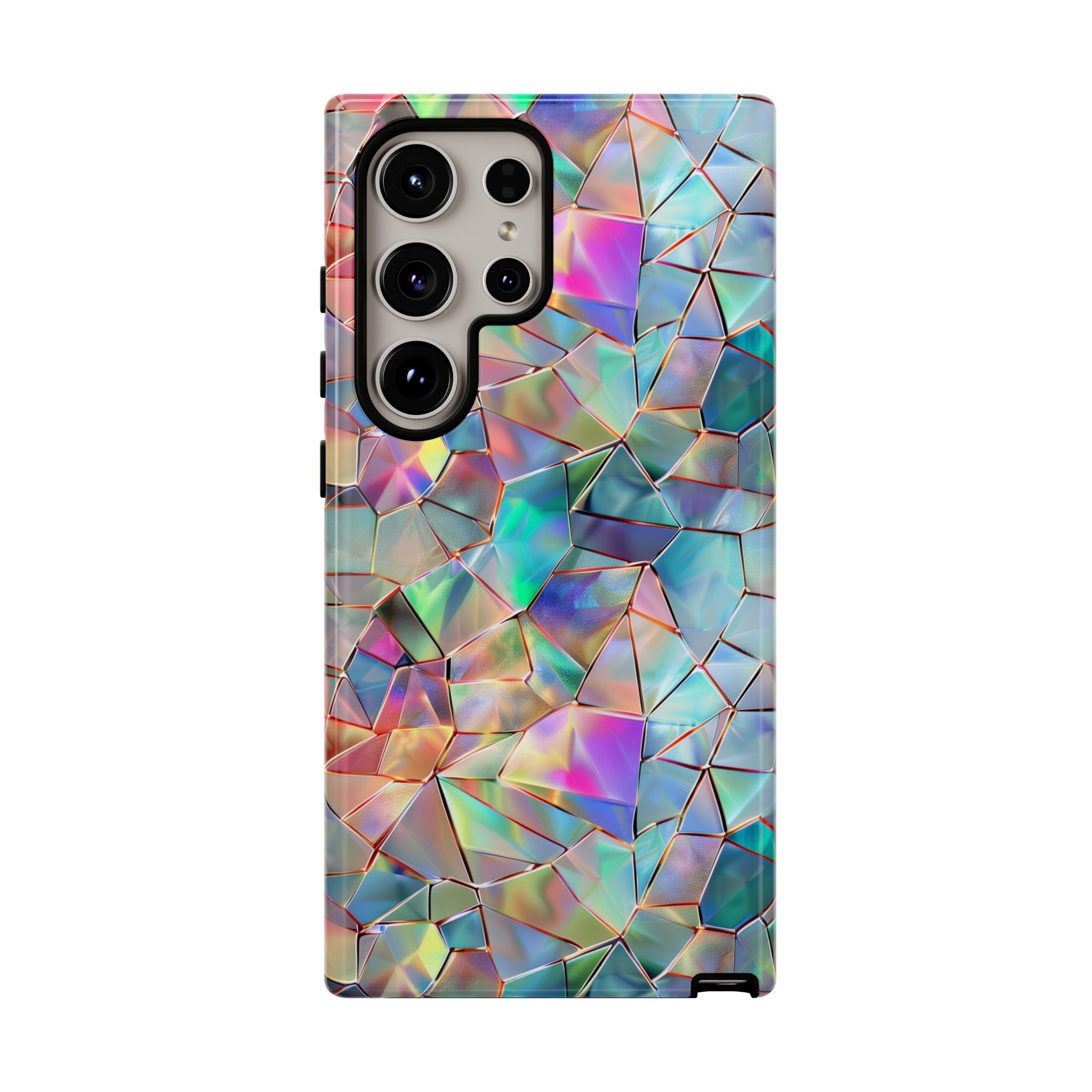 Iridescent Glass Tough Phone Case Shimmering Triangular Mosaic Pattern Art iPhone 15 14 Pro Max Samsung Galaxy S24 S23 Ultra Google Pixel 8