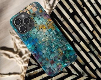 Teal Mosaic Tough Phone Case | Abstract Glass Tile Pattern | Vibrant Stained Glass Style Cover for iPhone Samsung Pixel