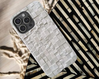 Biała marmurowa mozaika, wytrzymała obudowa na telefon, kratka, kamienna sztuka, tekstura, iPhone 17 16 15 14 Pro Max, Galaxy S24 S25 S26 Ultra, Google Pixel 8 9