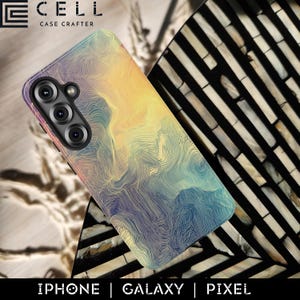 May include: A smartphone case with a swirling abstract design in shades of yellow, blue, and purple. The case has a camera cutout and the text "IPHONE | GALAXY | PIXEL" at the bottom. The brand name "CELL CASE CRAFTER" is at the top.