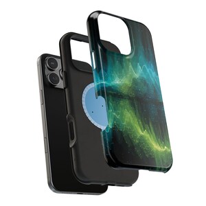 May include: A black smartphone with a triple-lens camera is partially encased in a black phone case. A second phone case, featuring a blue, green, and yellow abstract design, is layered over the phone. The cases are designed to protect the phone.