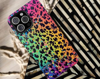 Rainbow Leopard Print Case | MagSafe Tough Cover | Neon Gradient Gay Jungle Vibes | Bold Dopamine Aesthetic for Galaxy S26 iPhone 16 15 Pro