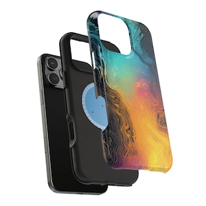 Puede incluir: Un teléfono inteligente negro con una funda protectora que presenta un diseño abstracto colorido en tonos de verde azulado, naranja y amarillo. La funda está en capas, mostrando el teléfono y los componentes de la funda.