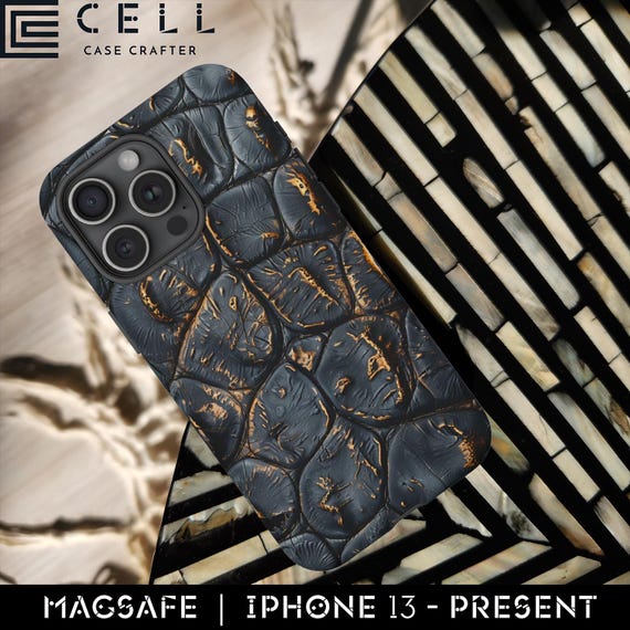 Charred Black Alligator Skin Magsafe Tough Phone Case Gold