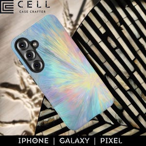 Holographic Burst Phone Case | Design for iPhone Samsung & Pixel | Pastel Radiance with Geometric Lines Iridescent Spectrum Glow