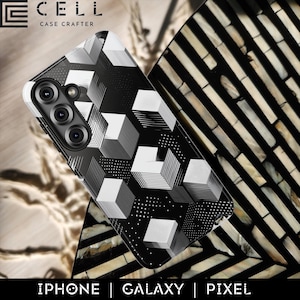 May include: Black and white geometric phone case with a 3D cube design. The case features a repeating pattern of cubes and dots. The phone case is for an iPhone, Galaxy, or Pixel phone. The brand name "CELL CASE CRAFTER" is at the top.