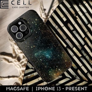 May include: Black iPhone case with a starry night design. The case has a glossy finish and features a geometric pattern. The case is designed for iPhone 13 and newer models. The brand name "CELL CASE CRAFTER" is visible at the top.
