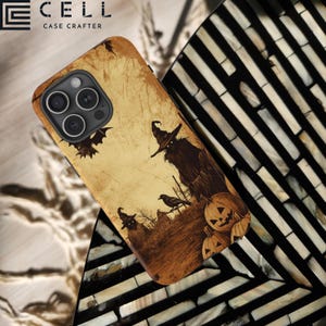 May include: A brown and black phone case with a vintage Halloween design. The design features a witch, bats, and pumpkins. The case has a cutout for the phone's camera.
