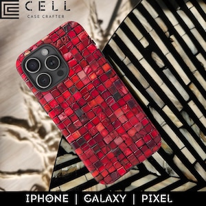 ルビーレッドガラスモザイクタイルタフフォンケースタイルグリッドストーンアートテクスチャiPhone 17 16 15 14 13 Pro Max Galaxy S25 S26 Ultra Google Pixel 8 9