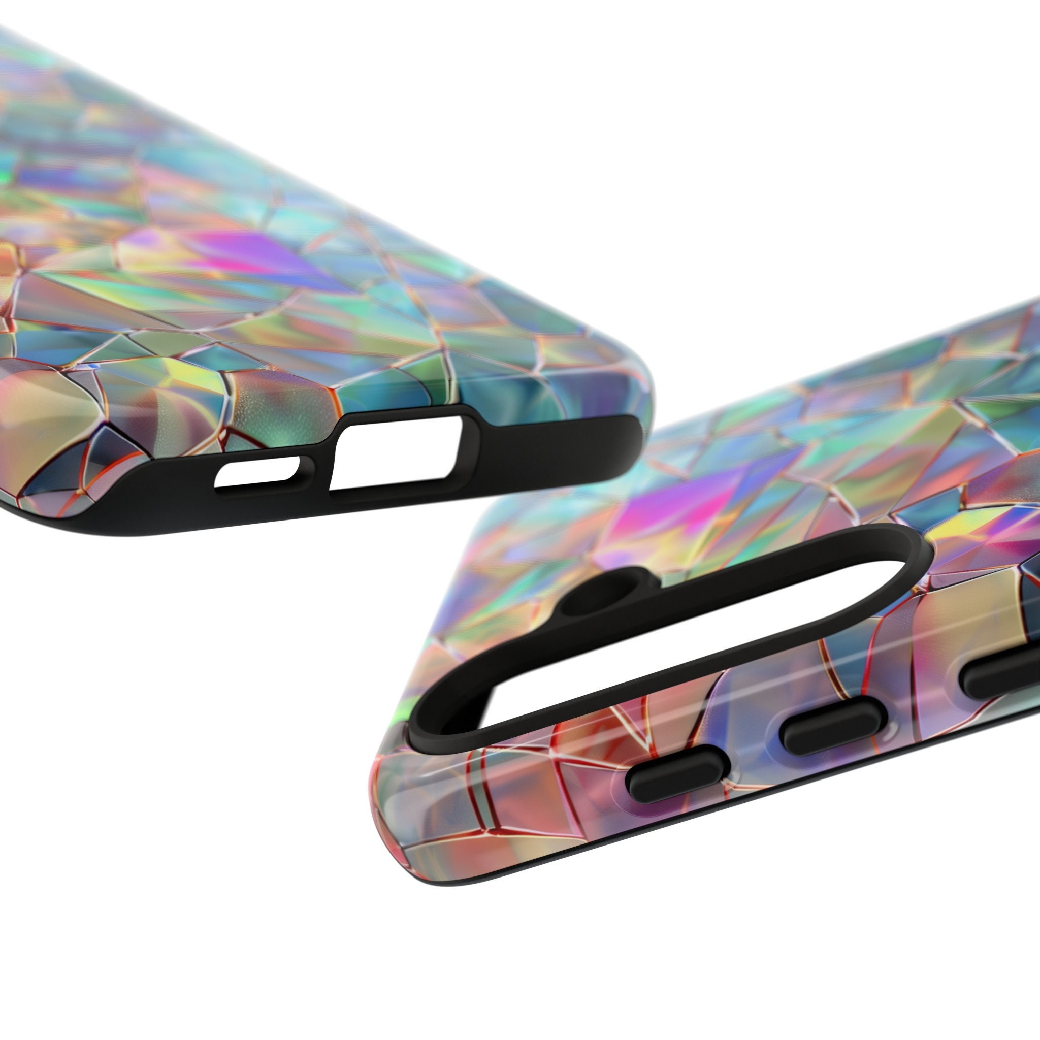 Iridescent Glass Tough Phone Case Shimmering Triangular Mosaic Pattern Art iPhone 15 14 Pro Max Samsung Galaxy S24 S23 Ultra Google Pixel 8