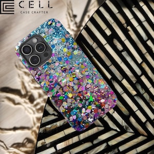 Custodia per iPhone con glitter e coriandoli arcobaleno / Custodia resistente MagSafe / Atmosfere da festa iridescenti / Custodia scintillante Y2K per iPhone 13, 14, 15, 16 Plus Pro Max