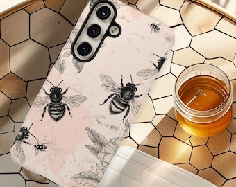 Cute Honey Bee Tough Phone Case Vintage Garden Honey Bees Sepia Tones iPhone 17 16 15 Pro Max Samsung Galaxy S26 S25 Ultra Google Pixel 8 9