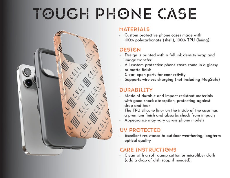 May include: A tough phone case with a gradient design featuring a repeating pattern of the word "CELL" in black and white. The case is made of polycarbonate and TPU and is designed to protect your phone from drops and impacts. It also features wireless charging compatibility.